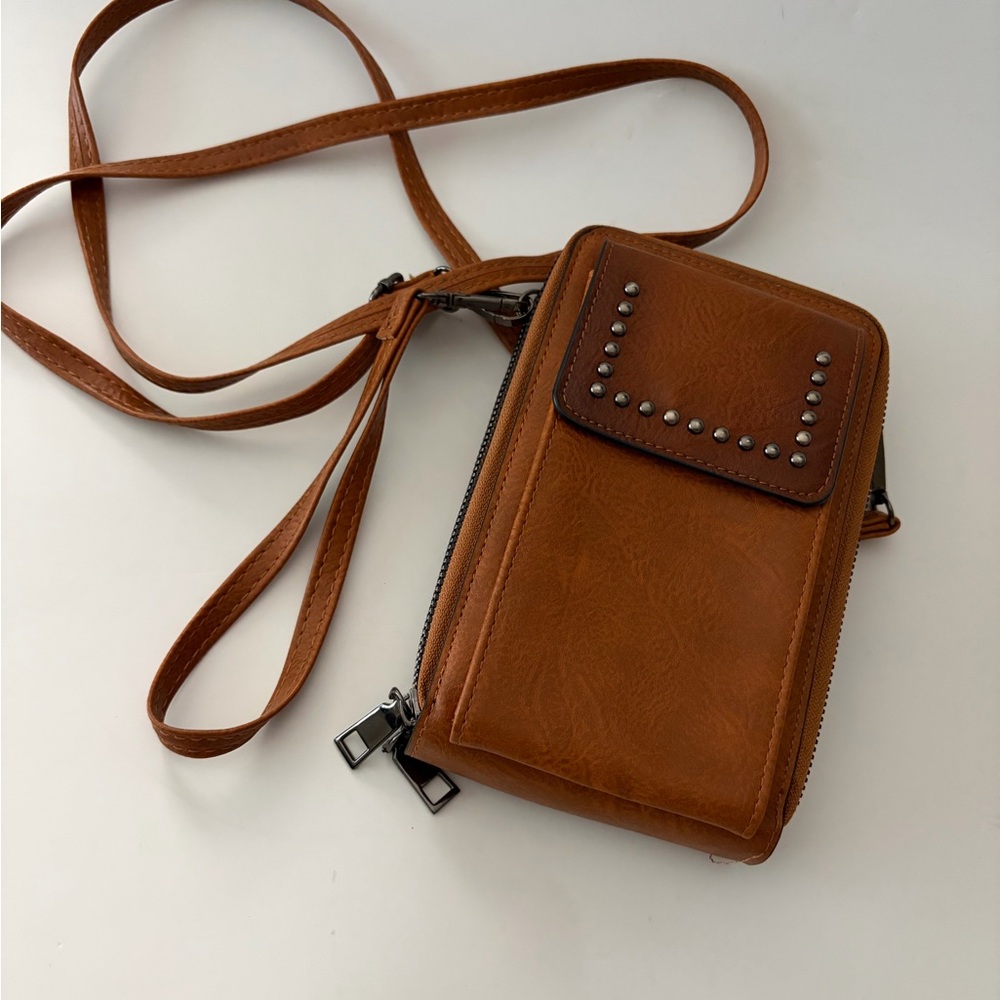 Crossbody Bag Studded 2 Zippered Sections With Wristlet Strap